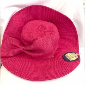 NEW SUN n SAND Wide-Brim Straw Sun Hat with Bow - fuchsia Pink